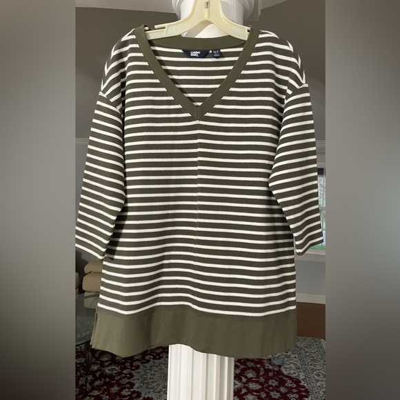 Land’ End women’s 3/4 sleeve waffle knit Tunic green and white striped size M P - Picture 1 of 5
